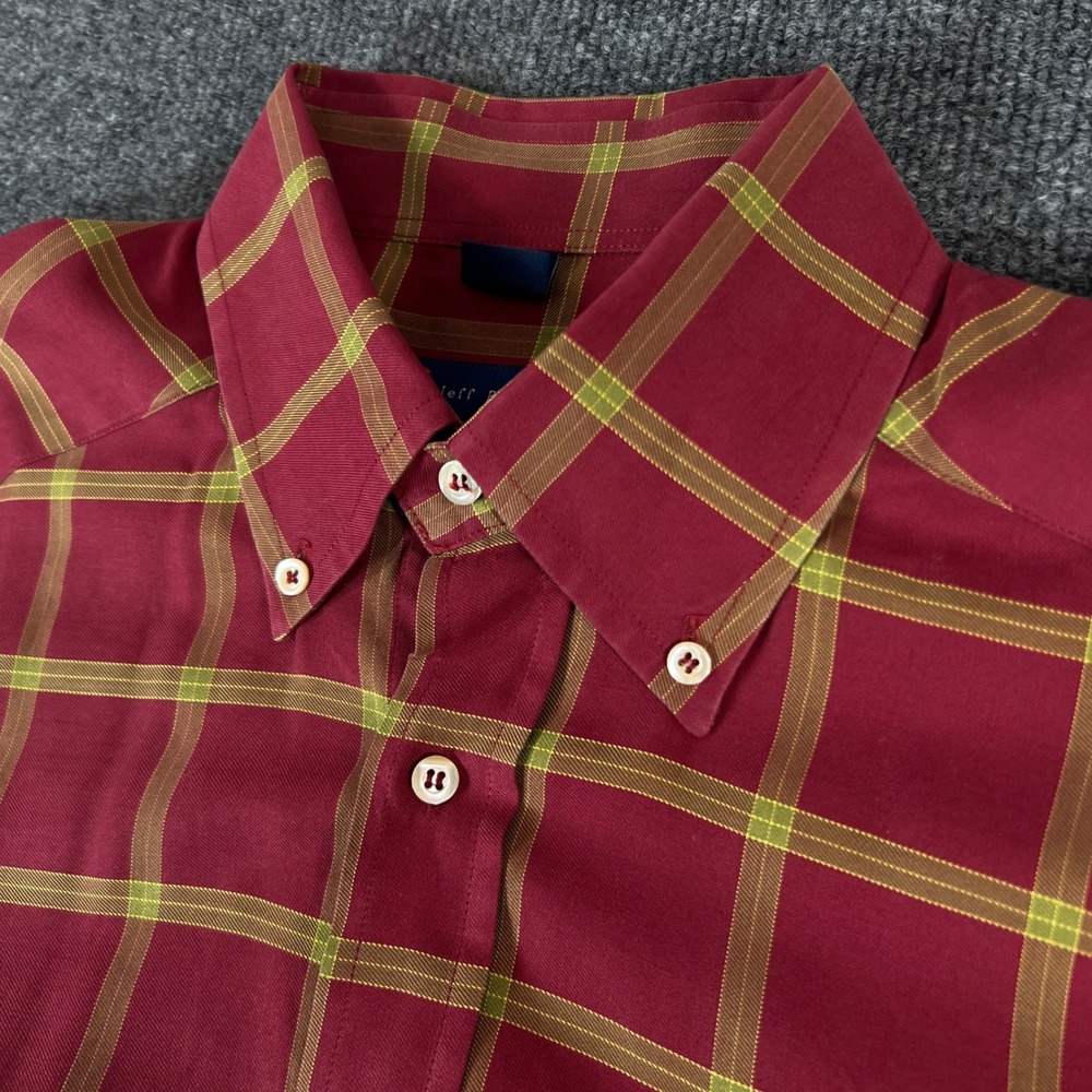Jeff Rose Mens Red Yellow Plaid L/S Button Up Size L 100% Cotton Made Italy‎
